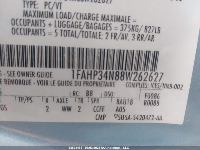 12693485 :رقم المزاد ، 1FAHP34N88W262627 vin ، 2008 Ford Focus S/se مزاد بيع