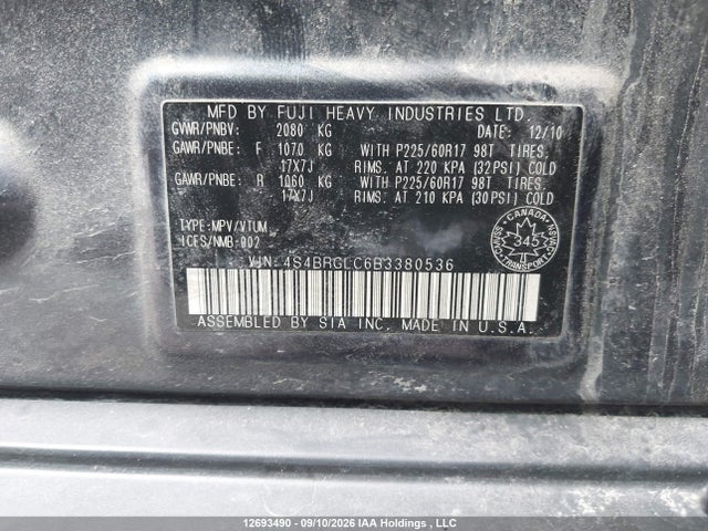 Продажа на аукционе авто 2011 Subaru Outback 2.5i Limited, vin: 4S4BRGLC6B3380536, номер лота: 12693490