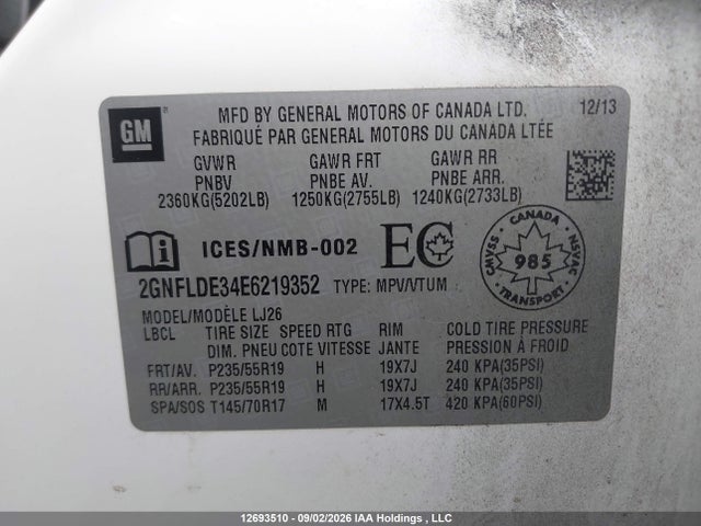 Продаж на аукціоні авто 2014 Chevrolet Equinox Ltz, vin: 2GNFLDE34E6219352, номер лоту: 12693510