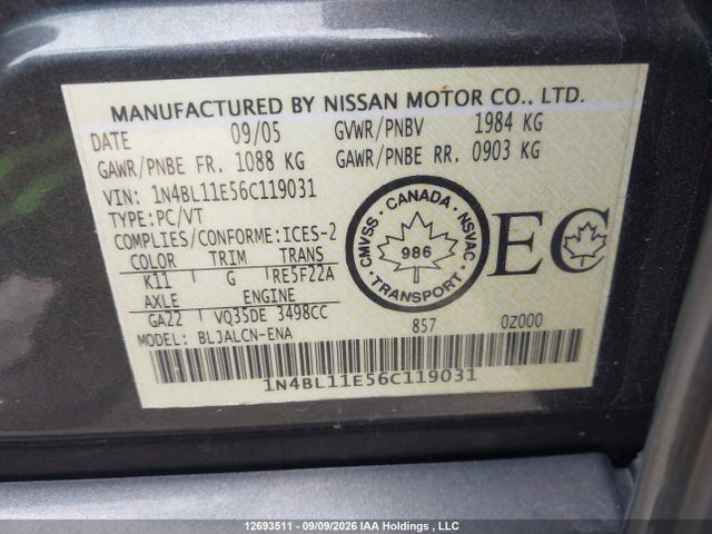 Продажа на аукционе авто 2006 Nissan Altima Se/sl/se-r, vin: 1N4BL11E56C119031, номер лота: 12693511