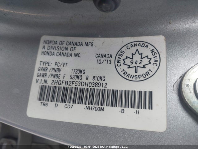 12693533 :رقم المزاد ، 2HGFB2F53DH038912 vin ، 2013 Honda Civic Ex 4dr مزاد بيع