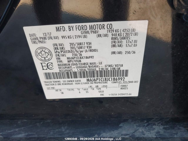 2018 Ford Ecosport Ses მანქანა იყიდება აუქციონზე, vin: MAJ6P1CL8JC186992, აუქციონის ნომერი: 12693546