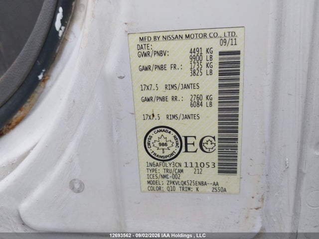 12693562 :رقم المزاد ، 1N6AF0LY3CN111053 vin ، 2012 Nissan Nv 2500 Nv2500 Hd S V8/nv2500 Hd Sv V8/nv3500 Hd S V8/nv3500 Hd Sv V8 مزاد بيع