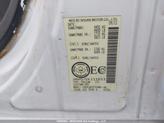 12693562 :رقم المزاد ، 1N6AF0LY3CN111053 vin ، 2012 Nissan Nv 2500 Nv2500 Hd S V8/nv2500 Hd Sv V8/nv3500 Hd S V8/nv3500 Hd Sv V8 مزاد بيع