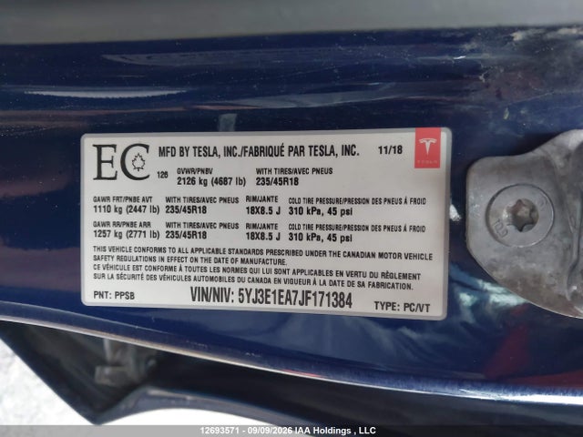 5YJ3E1EA7JF171384 Tesla MODEL 3