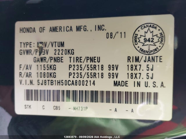 12693579 :رقم المزاد ، 5J8TB1H50CA800214 vin ، 2012 Acura Rdx Technology مزاد بيع