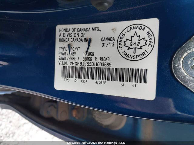 Продажа на аукционе авто 2013 Honda Civic Ex 4dr, vin: 2HGFB2F55DH003689, номер лота: 12693594