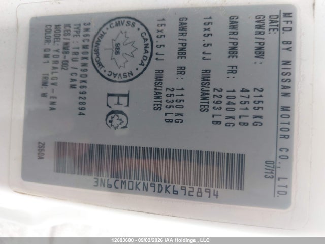12693600 :رقم المزاد ، 3N6CM0KN9DK692894 vin ، 2013 Nissan Nv200 مزاد بيع