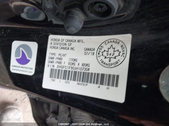 Honda Civic Touring 2018 2HGFC1F90JH107304 Image 9
