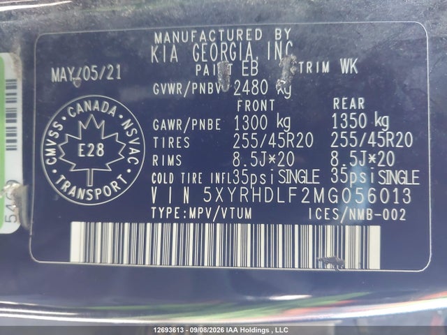 12693613 :رقم المزاد ، 5XYRHDLF2MG056013 vin ، 2021 Kia Sorento Ex مزاد بيع