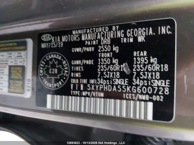 5XYPHDA55KG600728 KIA Sorento Ex/ex Sport