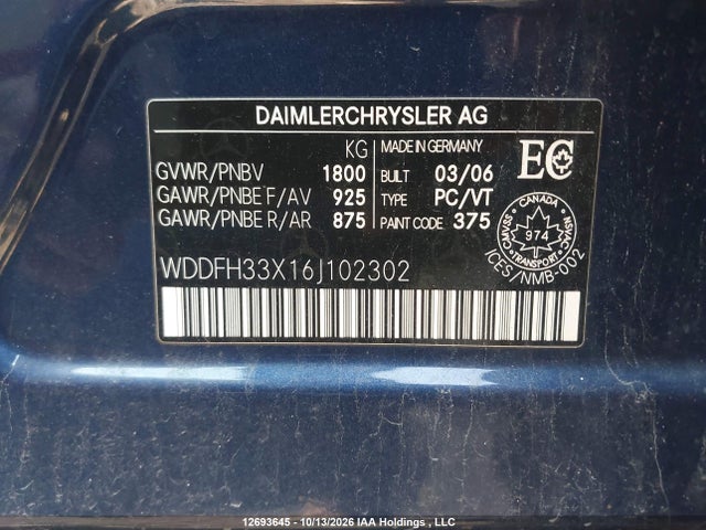 12693645 :رقم المزاد ، WDDFH33X16J102302 vin ، 2006 Mercedes-benz B200 مزاد بيع