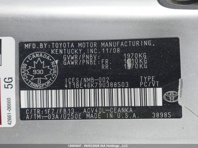 Aukcja sprzedaży 2009 Toyota Camry Se/le/xle, vin: 4T1BE46K79U388503, numer aukcji: 12693647