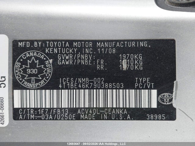 Aukcja sprzedaży 2009 Toyota Camry Se/le/xle, vin: 4T1BE46K79U388503, numer aukcji: 12693647