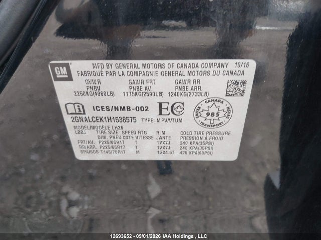 Aukcja sprzedaży 2017 Chevrolet Equinox Lt, vin: 2GNALCEK1H1538575, numer aukcji: 12693652