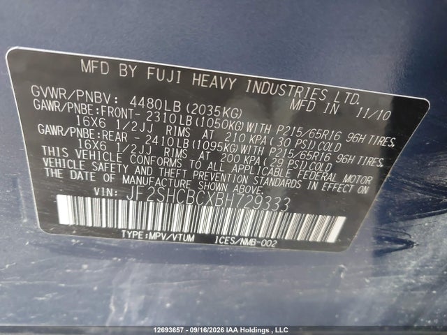 Aukcja sprzedaży 2011 Subaru Forester, vin: JF2SHCBCXBH729333, numer aukcji: 12693657