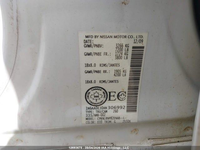 12693678 :رقم المزاد ، 1N6AA0EJ0AN306992 vin ، 2010 Nissan Titan Xe/se/le/pro-4x مزاد بيع