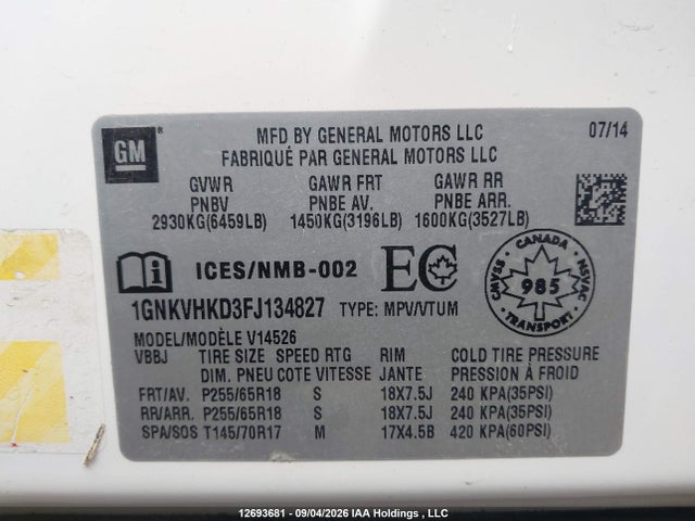 Chevrolet Traverse 2lt 2015 1GNKVHKD3FJ134827 Image 9