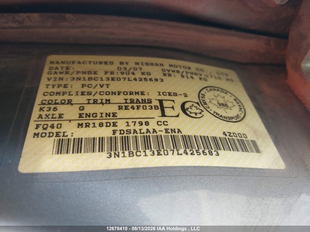 12678410 :رقم المزاد ، 3N1BC13E07L425683 vin ، 2007 Nissan Versa 1.8s مزاد بيع