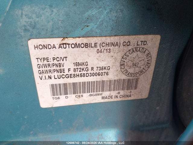 2013 Honda Fit Lx მანქანა იყიდება აუქციონზე, vin: LUCGE8H58D3006076, აუქციონის ნომერი: 12686742