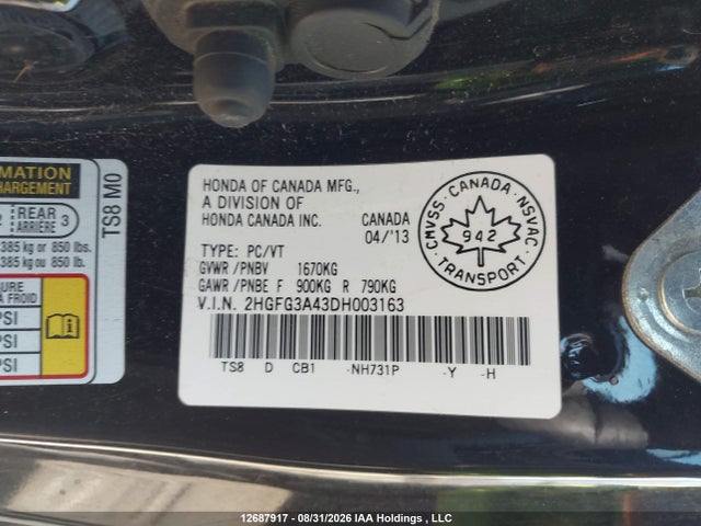 Продаж на аукціоні авто 2013 Honda Civic Lx, vin: 2HGFG3A43DH003163, номер лоту: 12687917