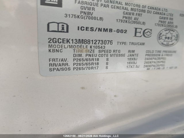2008 Chevrolet Silverado 1500 Lt/ltz/wt მანქანა იყიდება აუქციონზე, vin: 2GCEK13M881273076, აუქციონის ნომერი: 12682158