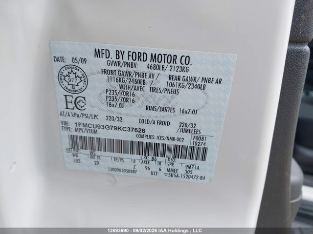 12693690 :رقم المزاد ، 1FMCU93G79KC37628 vin ، 2009 Ford Escape Xlt Automatic مزاد بيع