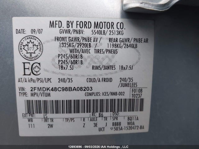 2008 Ford Edge Sel მანქანა იყიდება აუქციონზე, vin: 2FMDK48C98BA08203, აუქციონის ნომერი: 12693696