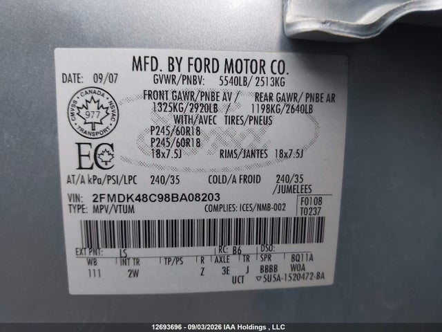 2008 Ford Edge Sel მანქანა იყიდება აუქციონზე, vin: 2FMDK48C98BA08203, აუქციონის ნომერი: 12693696