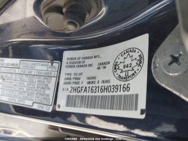 Продажа на аукционе авто 2006 Honda Civic Dx Vp, vin: 2HGFA16316H039166, номер лота: 12693698