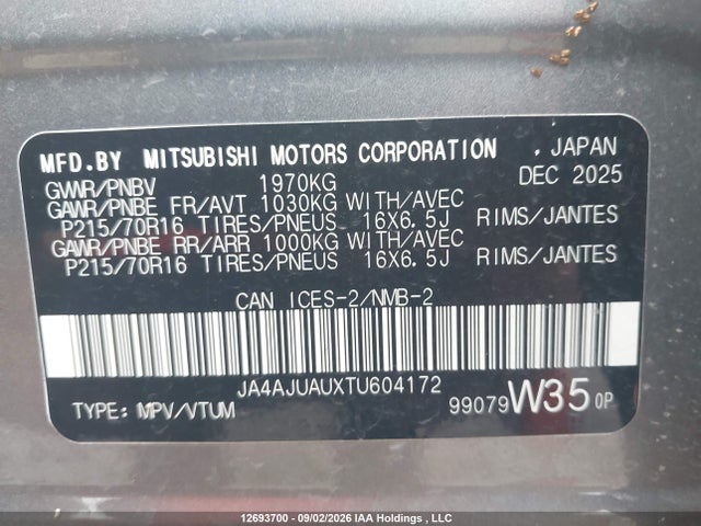 Aukcja sprzedaży 2026 Mitsubishi Rvr Es, vin: JA4AJUAUXTU604172, numer aukcji: 12693700