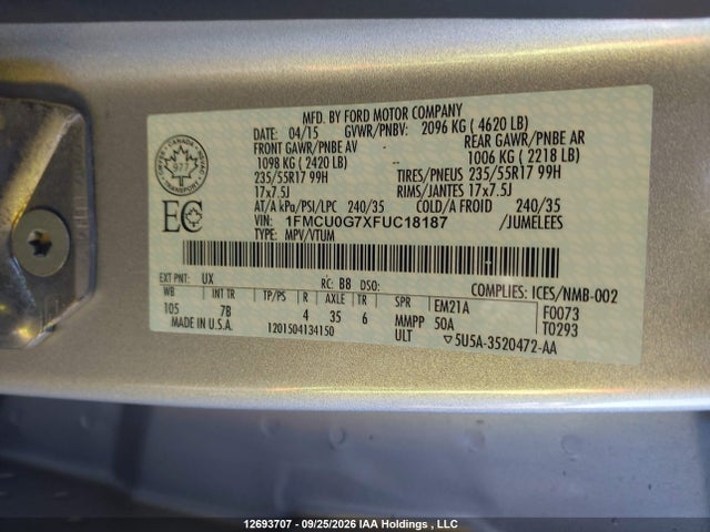 Ford ESCAPE SE 2015 1FMCU0G7XFUC18187 Image 9