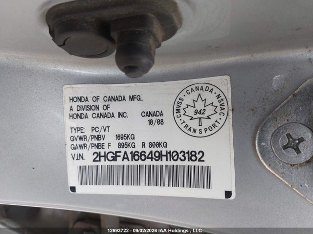 Продажа на аукционе авто 2009 Honda Civic Sport, vin: 2HGFA16649H103182, номер лота: 12693722