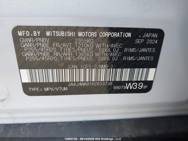 12693728 :رقم المزاد ، JA4J4WA81RZ633738 vin ، 2024 Mitsubishi Outlander Gt/gt Noir/gt Premium مزاد بيع