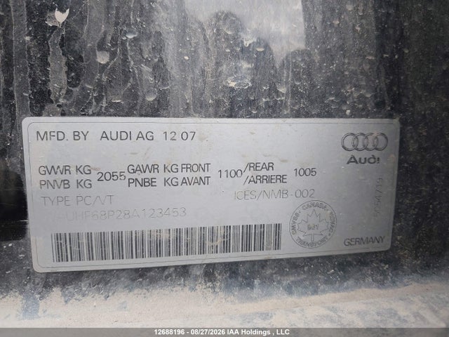 Aukcja sprzedaży 2008 Audi A3 2.0t, vin: WAUHF68P28A123453, numer aukcji: 12688196