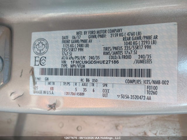 Ford ESCAPE SE 2017 1FMCU9GD5HUE27186 Image 9