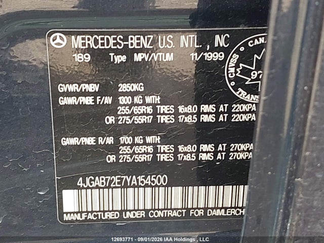 2000 Mercedes-benz Ml 430 მანქანა იყიდება აუქციონზე, vin: 4JGAB72E7YA154500, აუქციონის ნომერი: 12693771