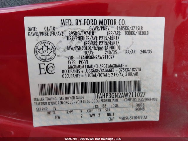 12693797 :رقم المزاد ، 1FAHP3GN2AW211027 vin ، 2010 Ford Focus Ses مزاد بيع