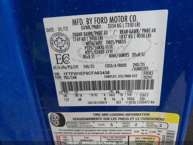 Aukcja sprzedaży 2012 Ford F150 Supercrew, vin: 1FTFW1EF6CFA63438, numer aukcji: 12693807