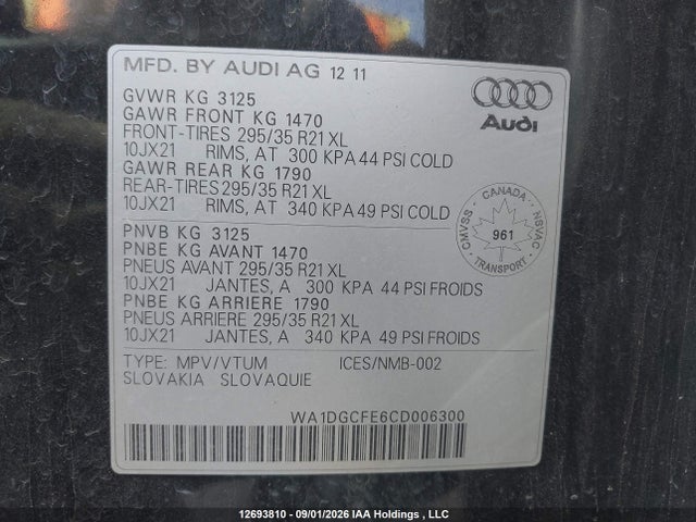 2012 Audi Q7 Prestige მანქანა იყიდება აუქციონზე, vin: WA1DGCFE6CD006300, აუქციონის ნომერი: 12693810