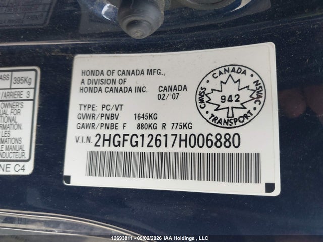 2007 Honda Civic Lx მანქანა იყიდება აუქციონზე, vin: 2HGFG12617H006880, აუქციონის ნომერი: 12693811