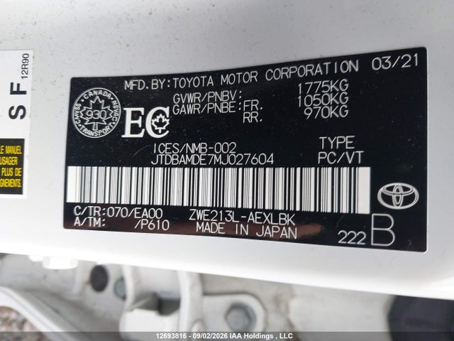 JTDBAMDE7MJ027604 Toyota Corolla Hybrid Base W/li Battery