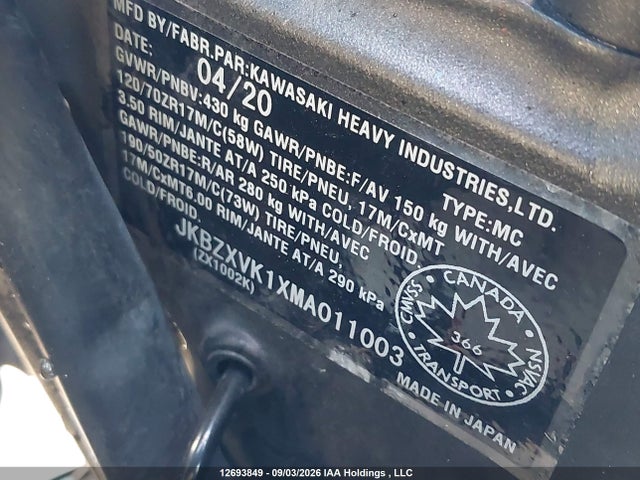 2021 Kawasaki Zx1002 K მანქანა იყიდება აუქციონზე, vin: JKBZXVK1XMA011003, აუქციონის ნომერი: 12693849