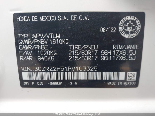 2023 Honda Hr-v Sport მანქანა იყიდება აუქციონზე, vin: 3CZRZ2H51PM103325, აუქციონის ნომერი: 12693862