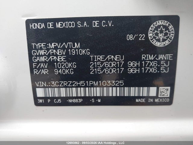 2023 Honda Hr-v Sport მანქანა იყიდება აუქციონზე, vin: 3CZRZ2H51PM103325, აუქციონის ნომერი: 12693862