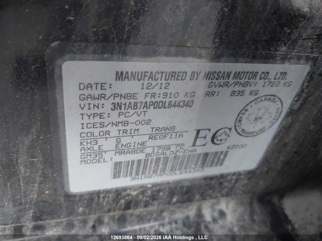 Продажа на аукционе авто 2013 Nissan Sentra Sv, vin: 3N1AB7AP0DL644340, номер лота: 12693864