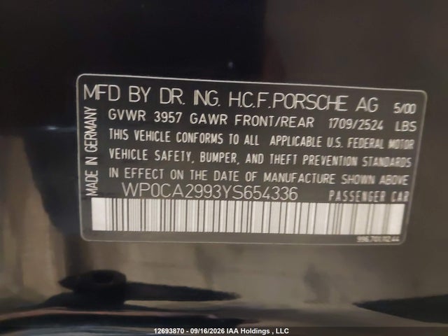 12693870 :رقم المزاد ، WP0CA2993YS654336 vin ، 2000 Porsche 911 Carrera 2/carrera 4 مزاد بيع