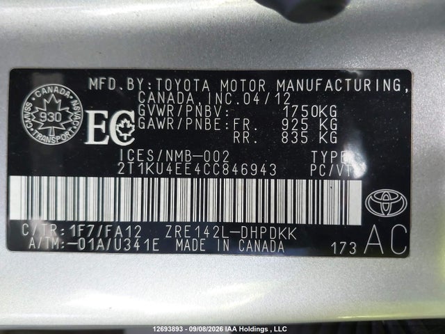 Aukcja sprzedaży 2012 Toyota Matrix, vin: 2T1KU4EE4CC846943, numer aukcji: 12693893