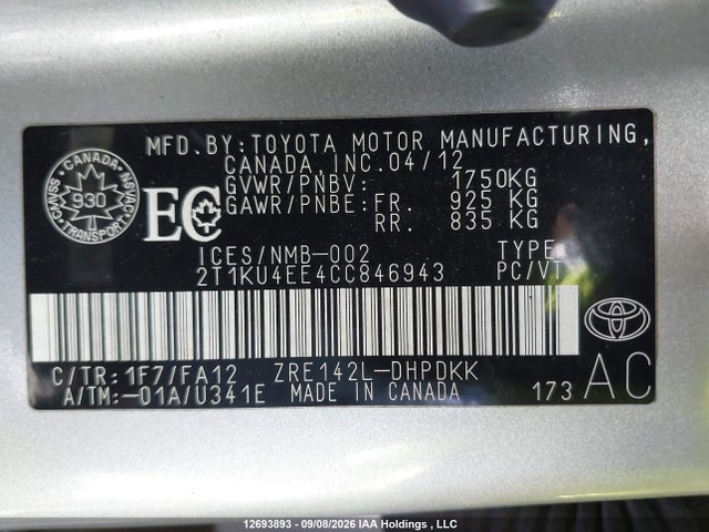 Aukcja sprzedaży 2012 Toyota Matrix, vin: 2T1KU4EE4CC846943, numer aukcji: 12693893