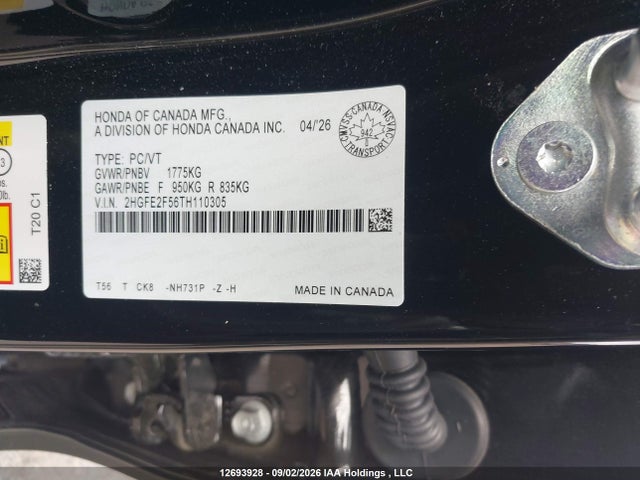 Auction sale of the 2026 Honda Civic Sport, vin: 2HGFE2F56TH110305, lot number: 12693928